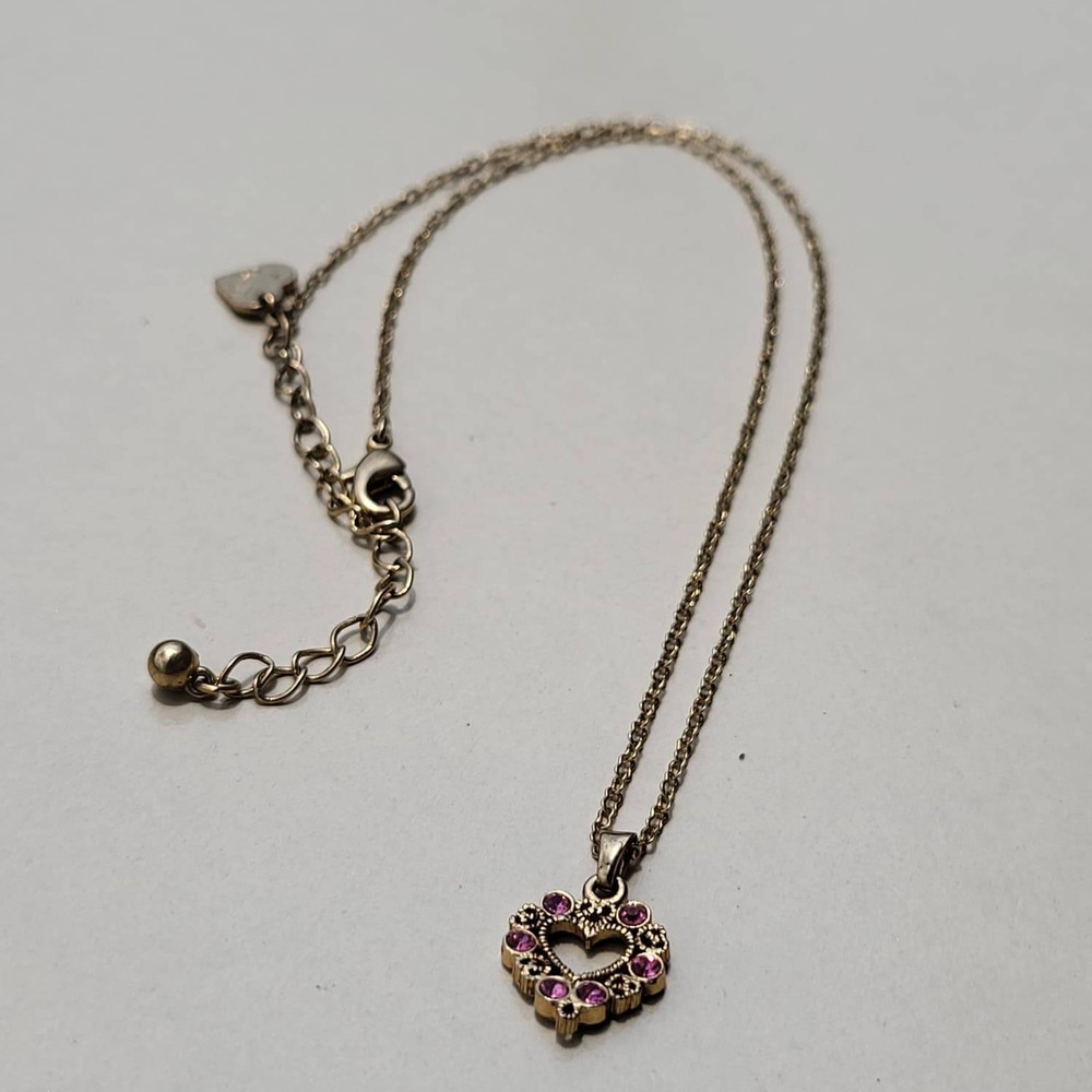 Vintage Barbie Gold Tone Metal Heart Pendant Necklace Gold Pink Rhinestone